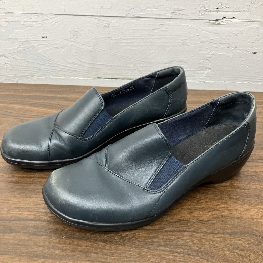 Clarks Bendables Shoes Women's 9.5 Blue Slip On Leather Wedge Heel Loafer